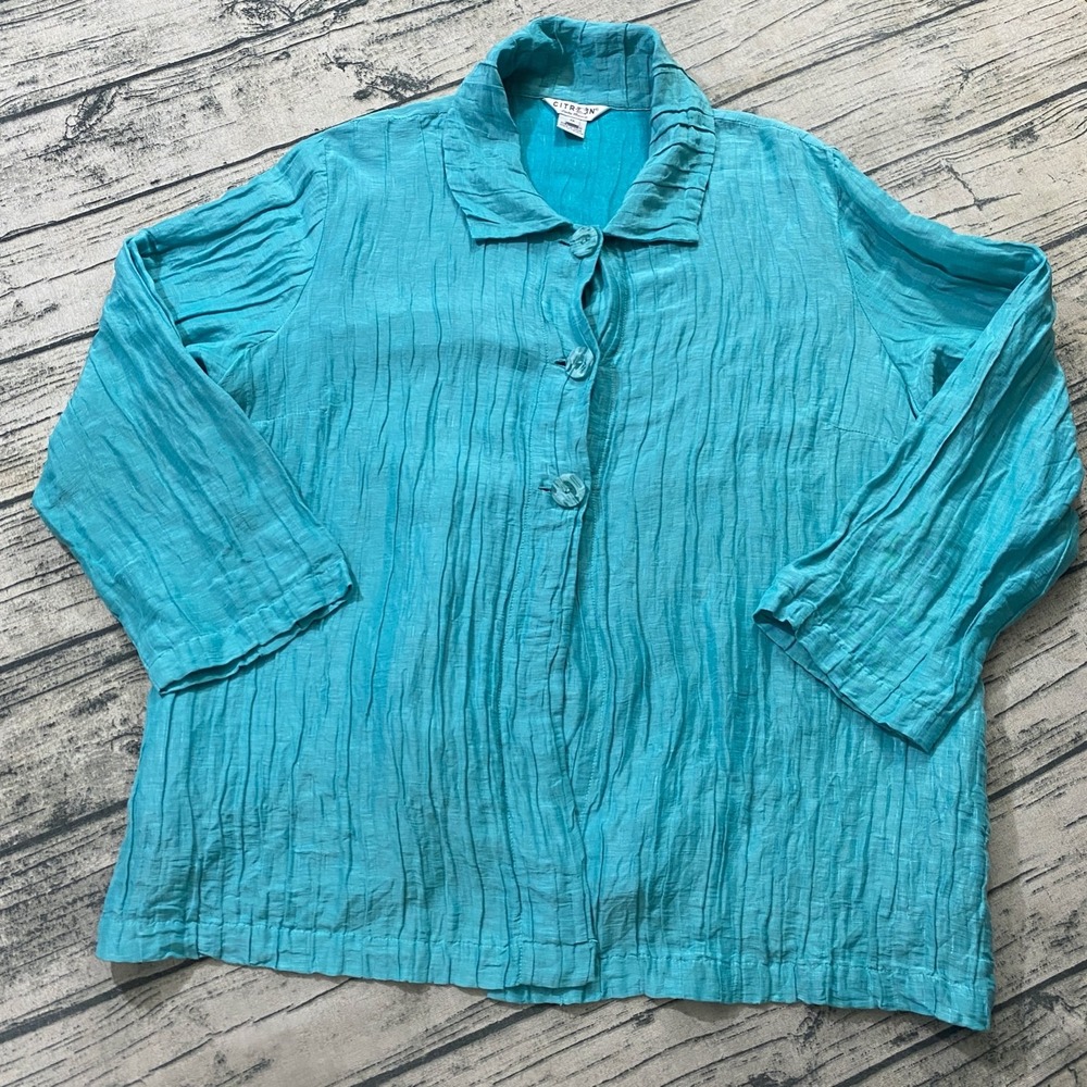 Citron Santa Monica 1X Plus Linen Silk Blend Crinkle Turquoise Jacket Button